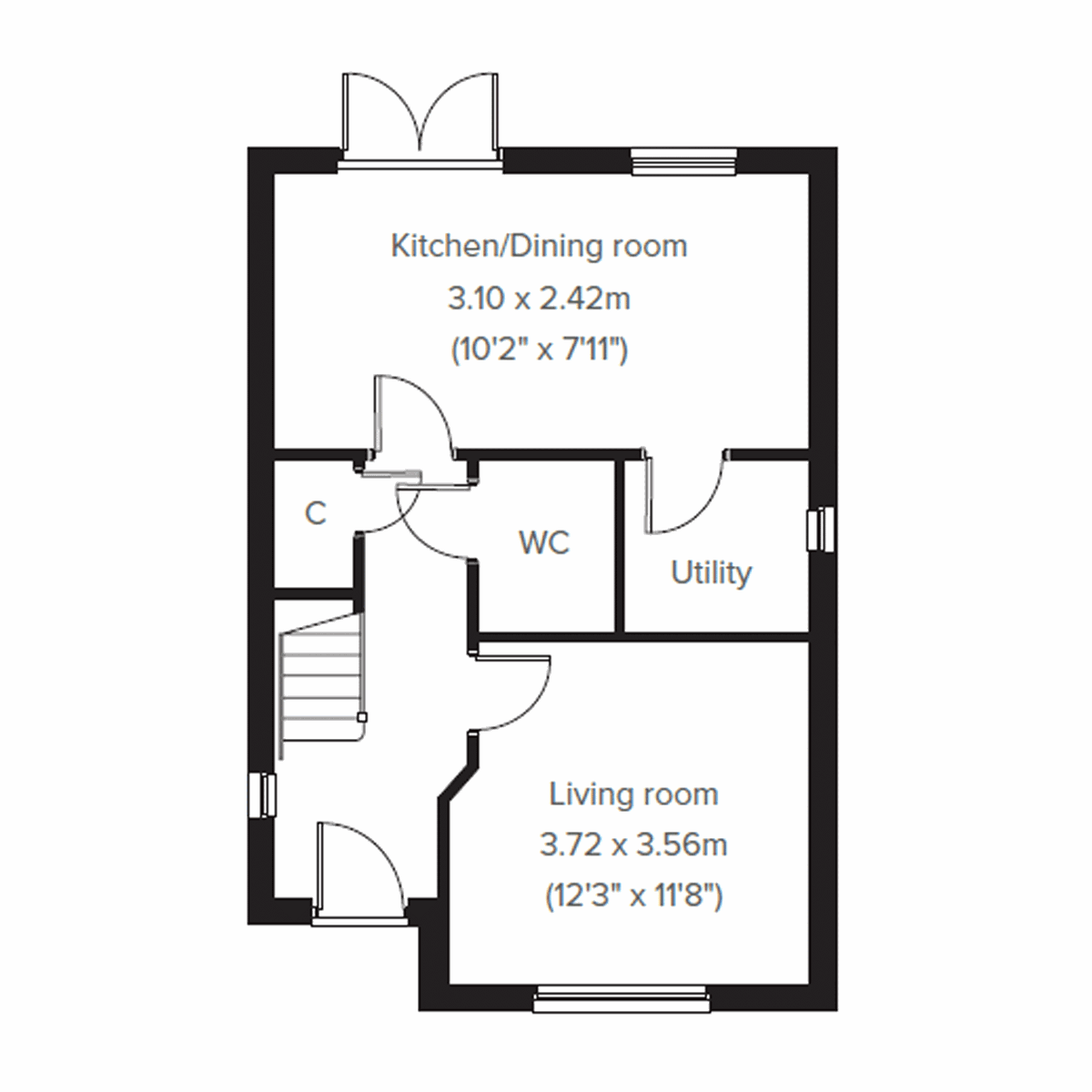 Floor plan of a three bedroom home at Persimmon Homes development with open plan kitchen and dining area