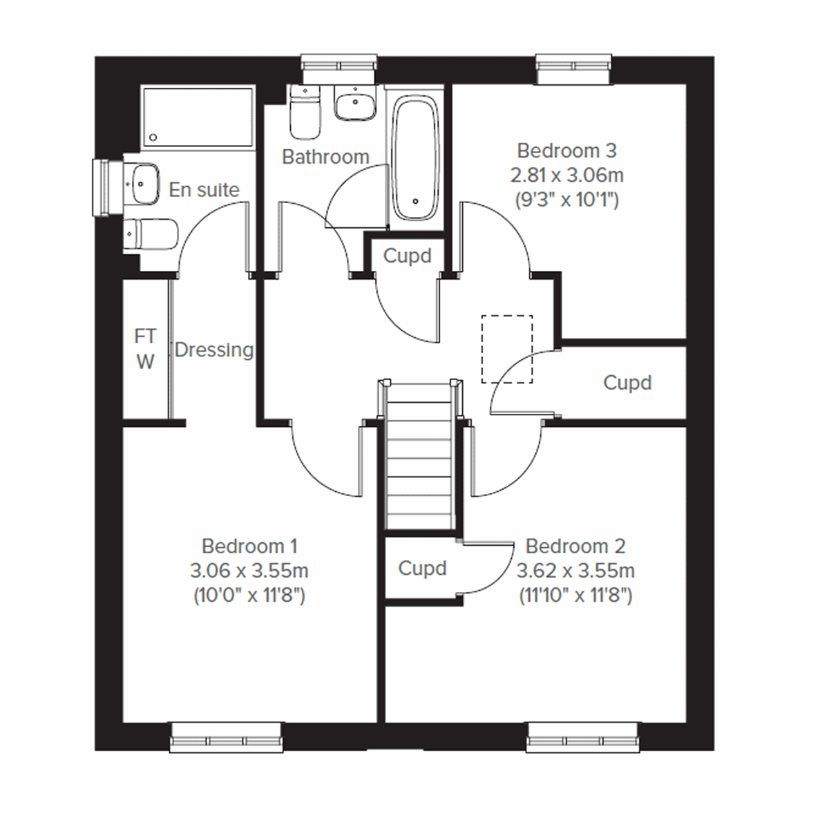 Floor plan of a three bedroom home at Persimmon Homes Woods Meadow the Kingley ground floor with bedroom one with en suite